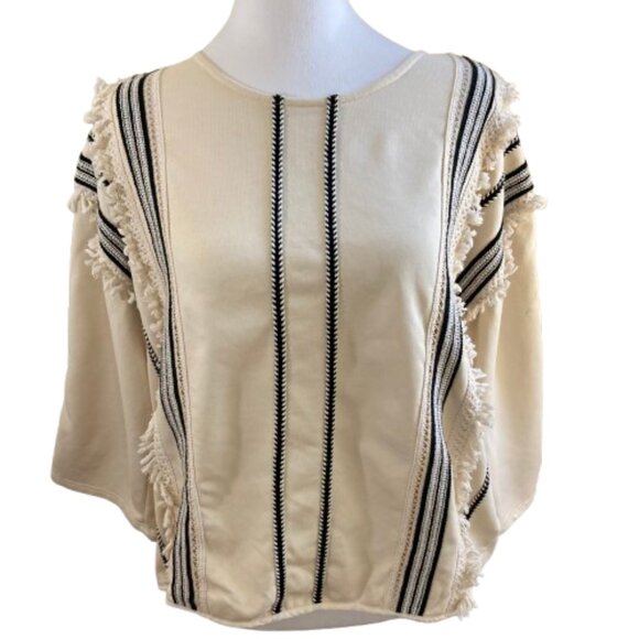 Anthropologie by Eri + Ali Top Cotton Fringe Boho Zipper 3/4 Sleeves, sz Large - Picture 2 of 14